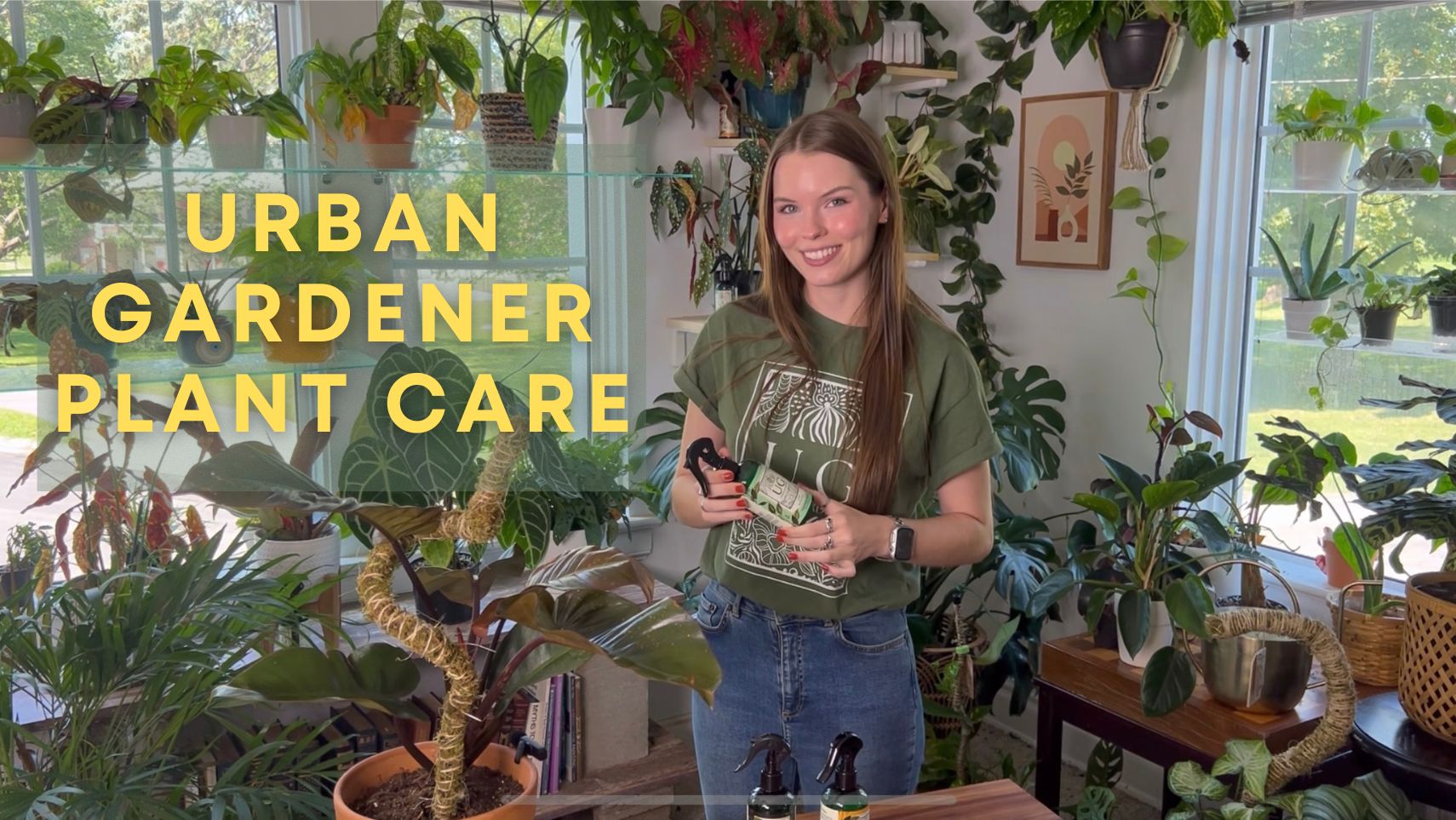 Load video: Urban Gardener Co-founder, Mason Demrow, stands in a room full of plants describing each of the brand&#39;s three products. Picking up each bottle and demonstrating use as she goes.