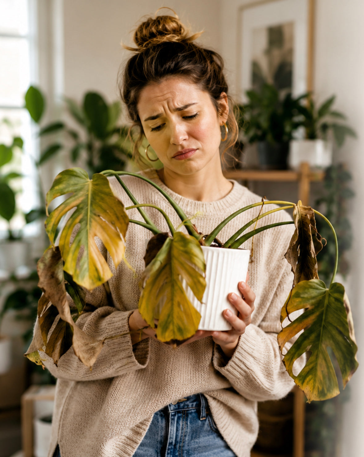 Plant parent inspecting an unhealthy houseplant